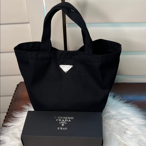 PRADA Beauty L'HOMME Milano L'EAU Black Mini Tote Canvas Bag Box PRADA Logo NWOT - Picture 14 of 17